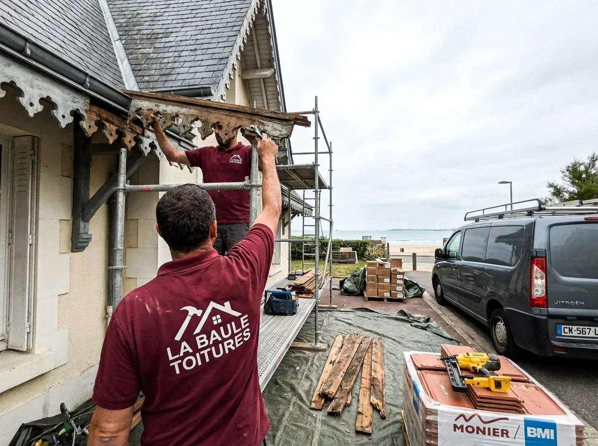 Couvreur de La Baule Toitures déposant un lambrequin abîmé sous la rive d'une villa en ardoise de La Baule-Escoublac, plage en arrière-plan