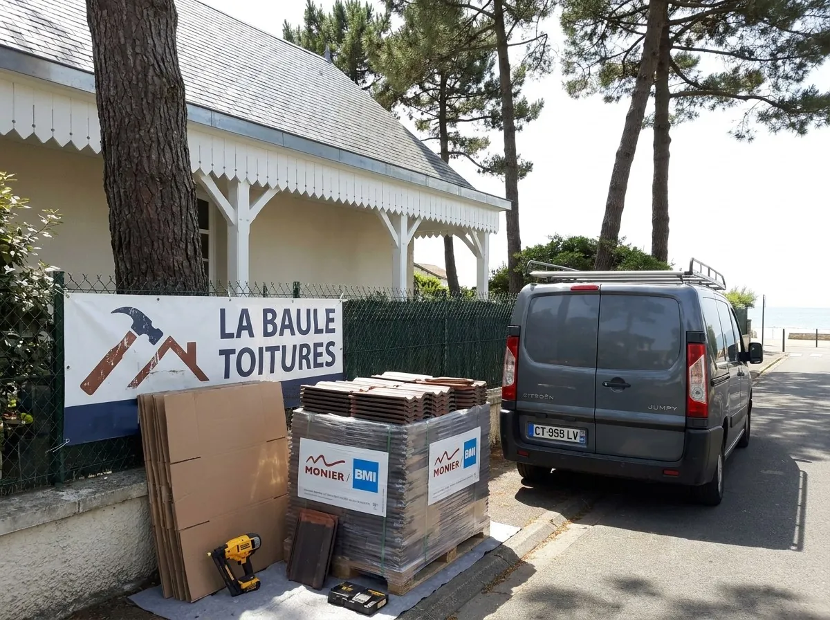 Chantier de La Baule Toitures devant une villa balnéaire à lambrequins blancs de La Baule-Escoublac, toit en ardoise, pins maritimes et océan au bout de l'avenue